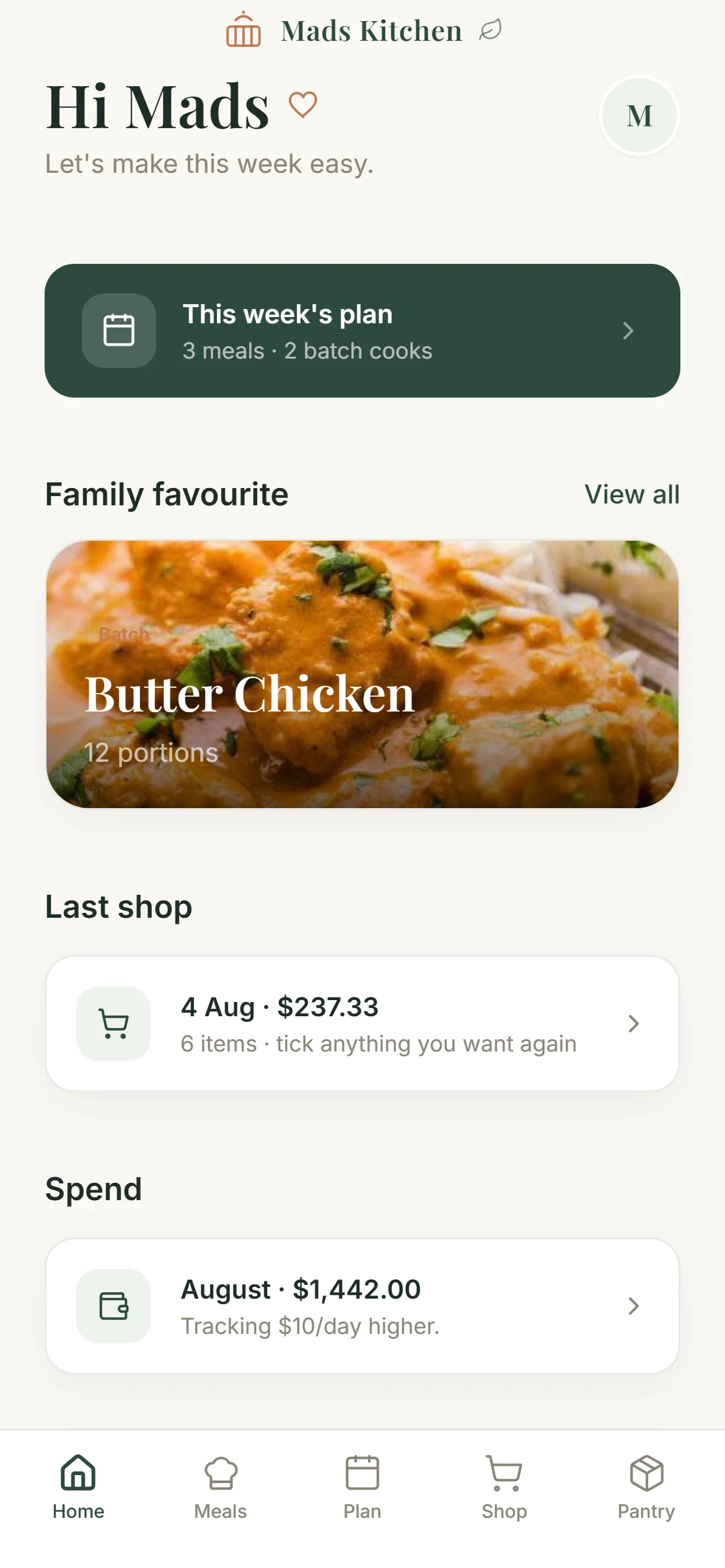 The Mads Kitchen home screen, showing the week and the last shop