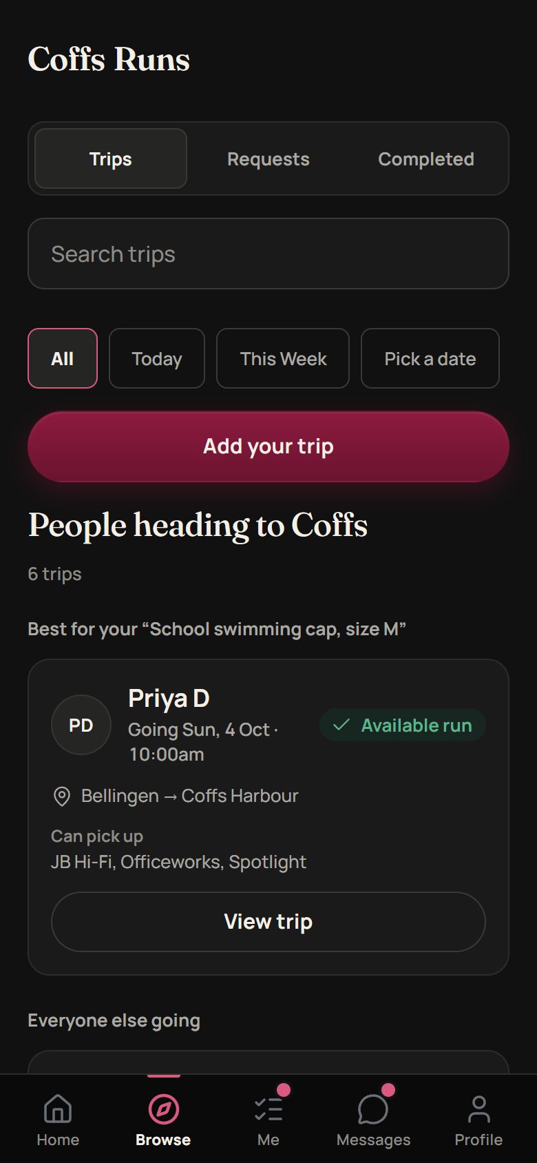 People heading to Coffs, with the best match for a request shown first