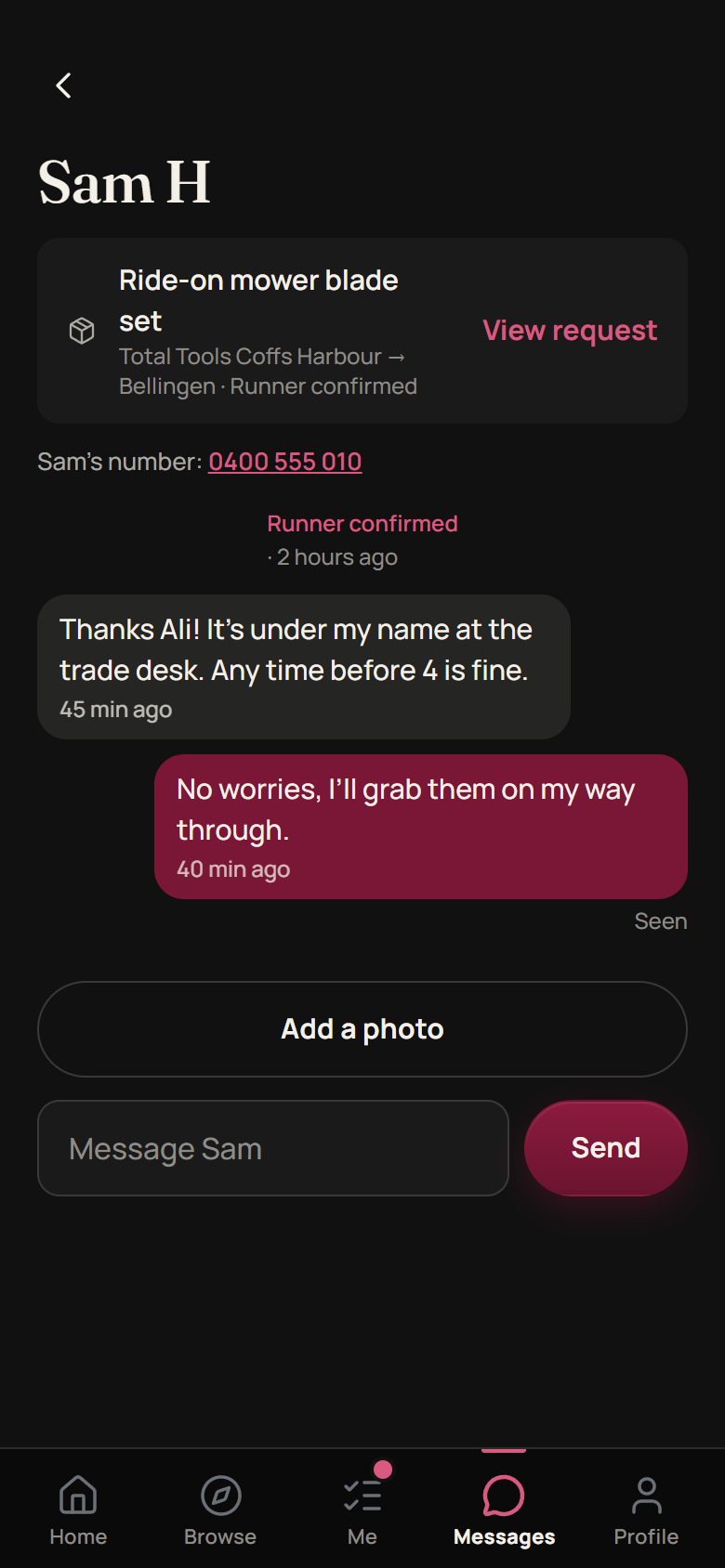 A chat with the runner about where to collect the item