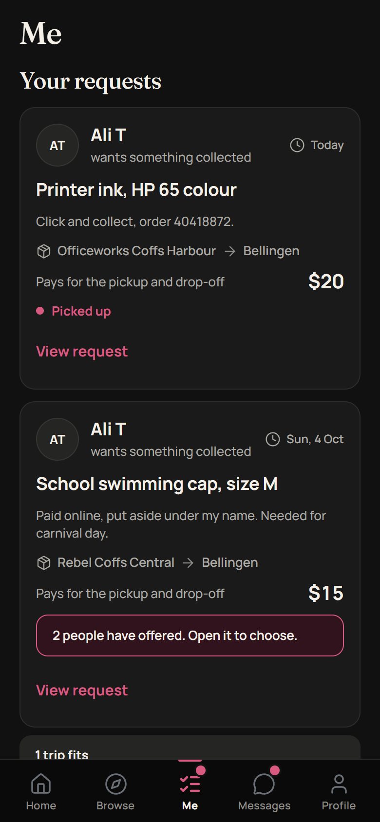Your requests, with two people offering to collect a swimming cap