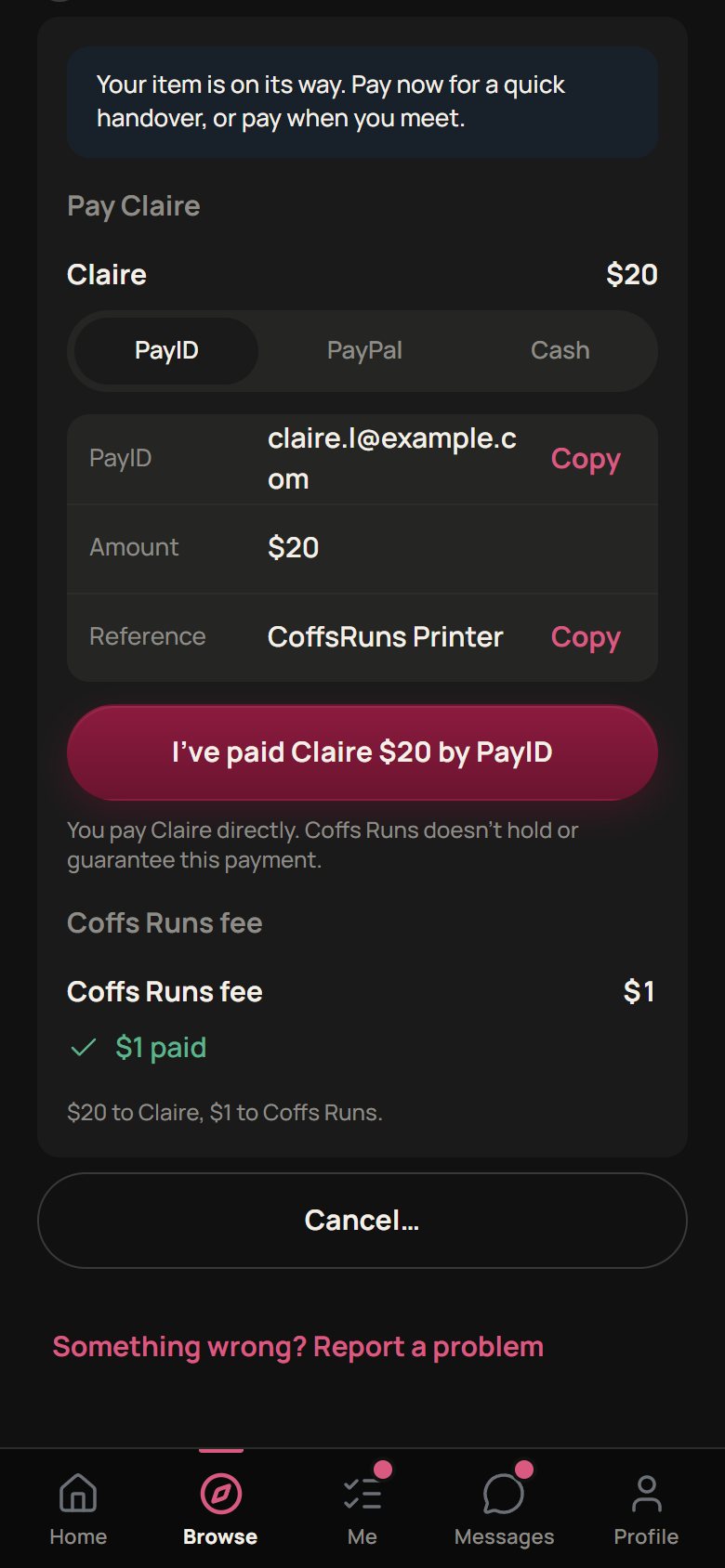 Paying Claire $20 directly by PayID, with the $1 Coffs Runs fee paid