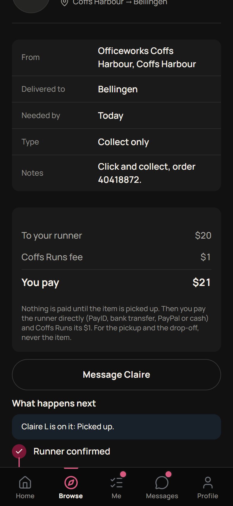 The price summary: $20 to your runner, $1 Coffs Runs fee, you pay $21