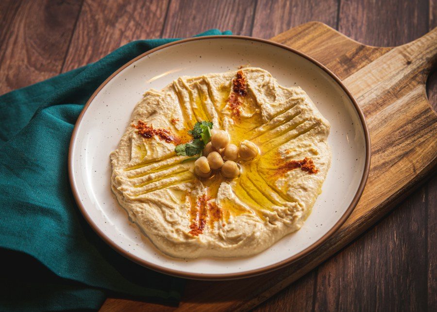Hummus with olive oil and chickpeas
